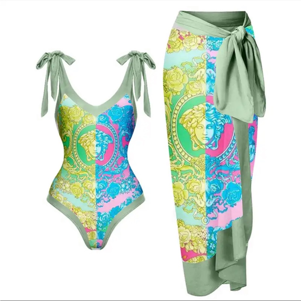NEW! 2 piece swimwear set sarong cover up one piece bathing suit